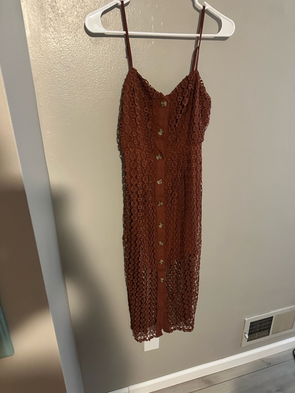 Rust Crochet Button-Front Midi Dress with Spaghetti Straps